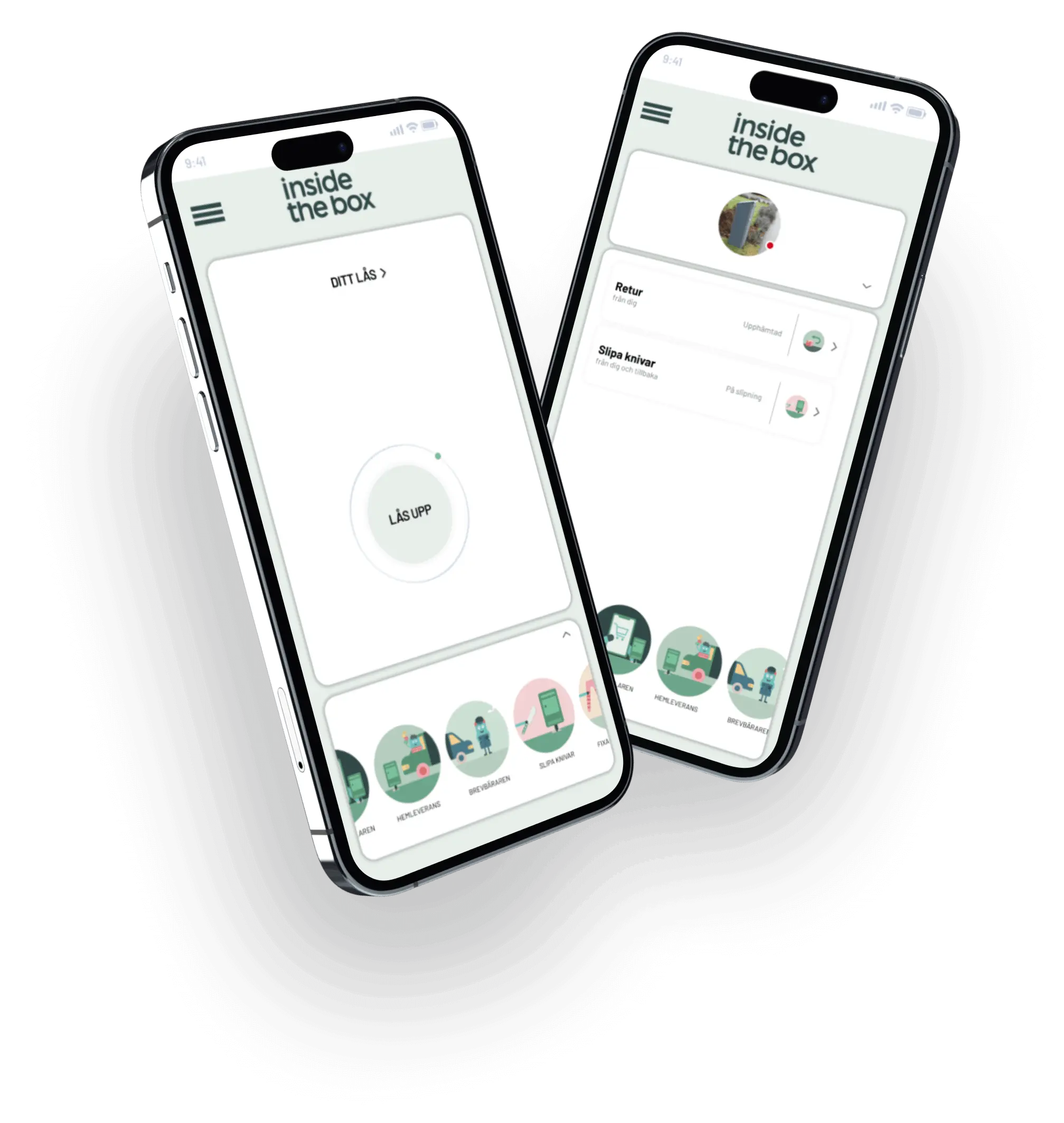 två telefoner med inside the box app