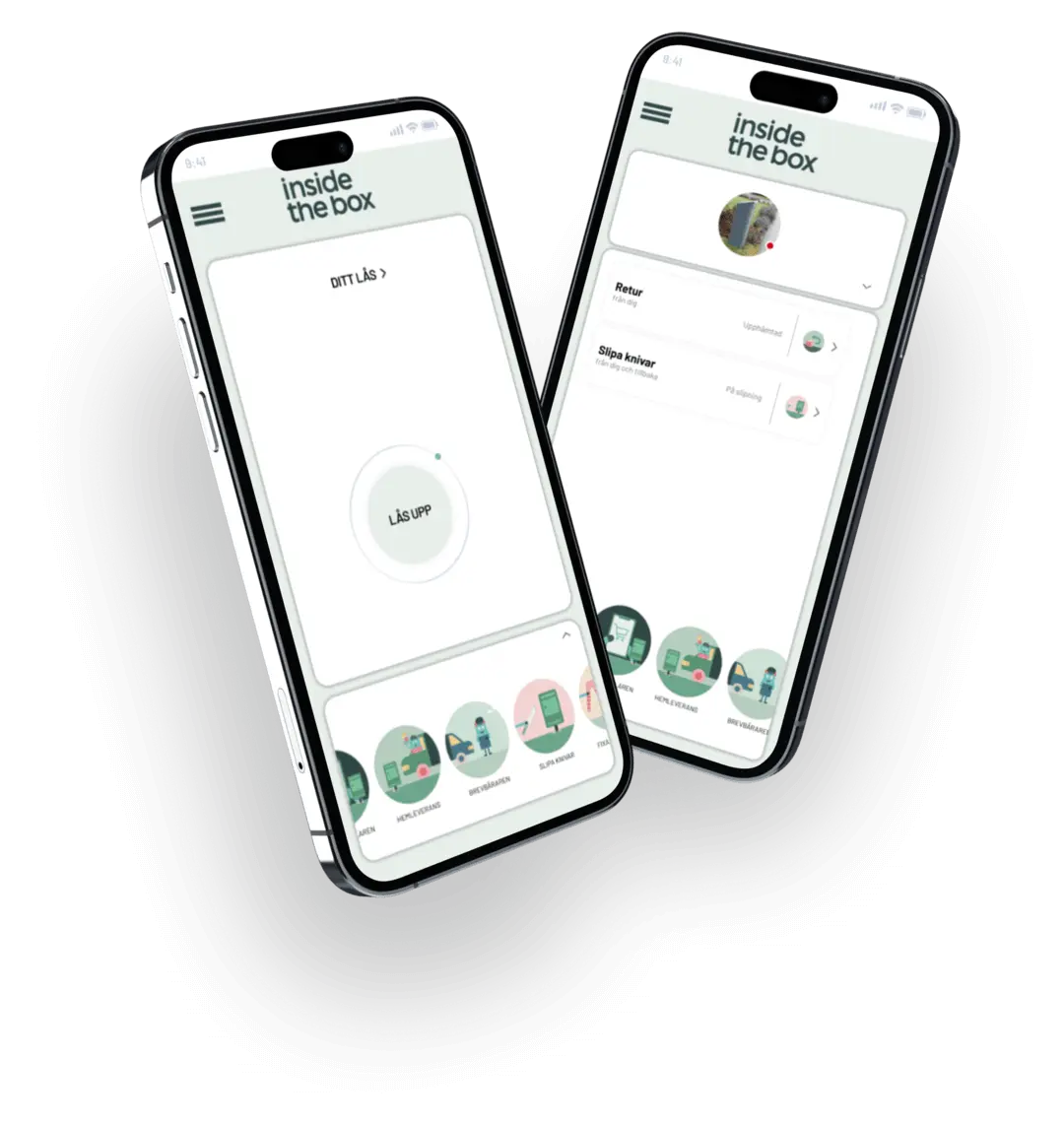 två telefoner med inside the box app